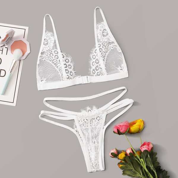 

Floral Lace Sheer Lingerie Set, White