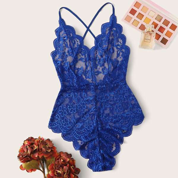 

Scallop Floral Lace Teddy Bodysuit, Blue