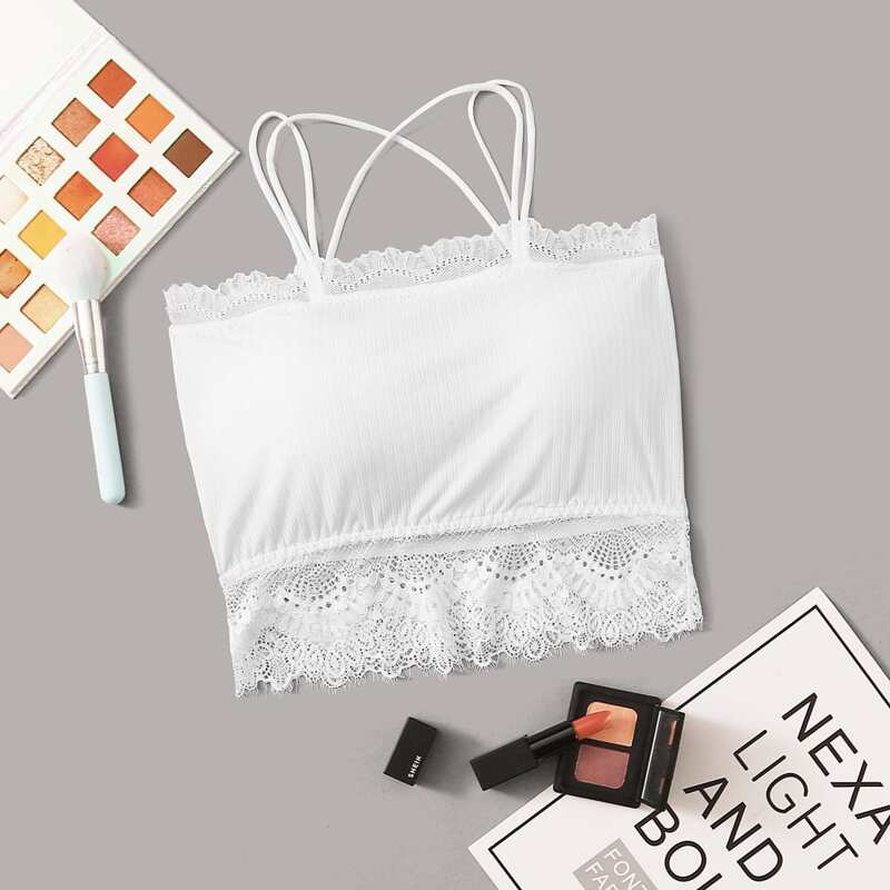 

Lace Trim Ribbed Bralette, White