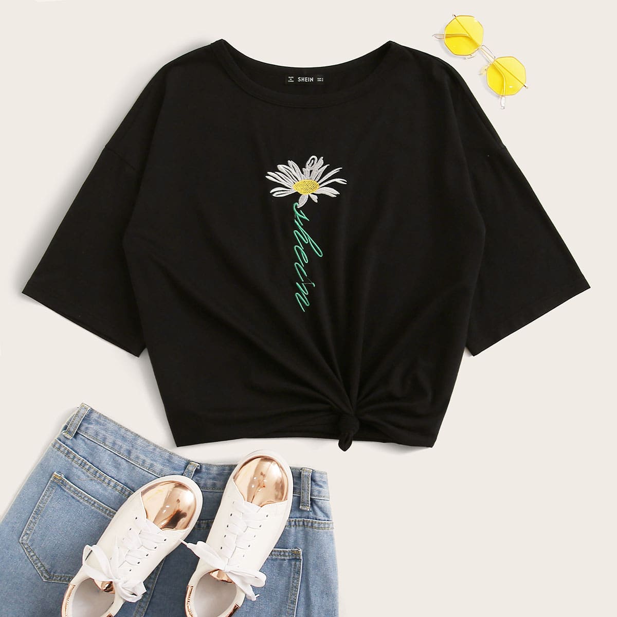 

Embroidered Letter and Floral Tee, Black