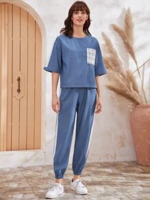 SHEIN Striped Side Tweed Pocket Top & Tapered Pants Set - Blue - View 1