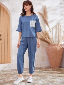 SHEIN Striped Side Tweed Pocket Top & Tapered Pants Set - Blue - View 3