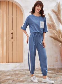 SHEIN Striped Side Tweed Pocket Top & Tapered Pants Set - Blue - View 4