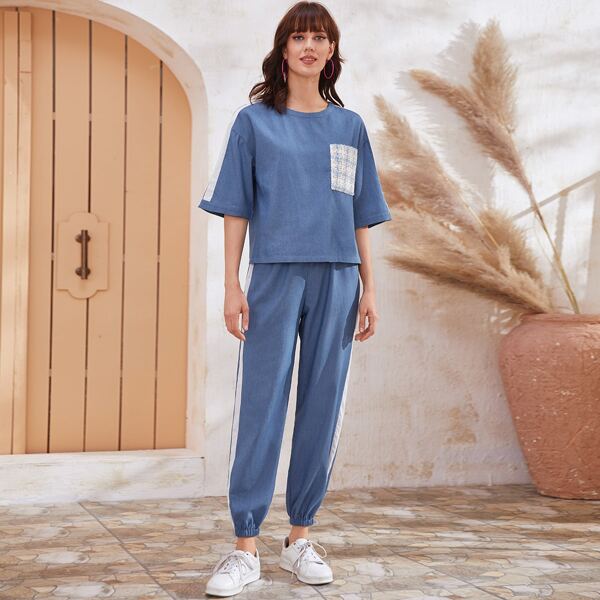 

Striped Side Tweed Pocket Top & Tapered Pants Set, Blue