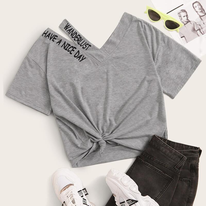 

Slogan Graphic Cutout Shoulder Tee, Grey