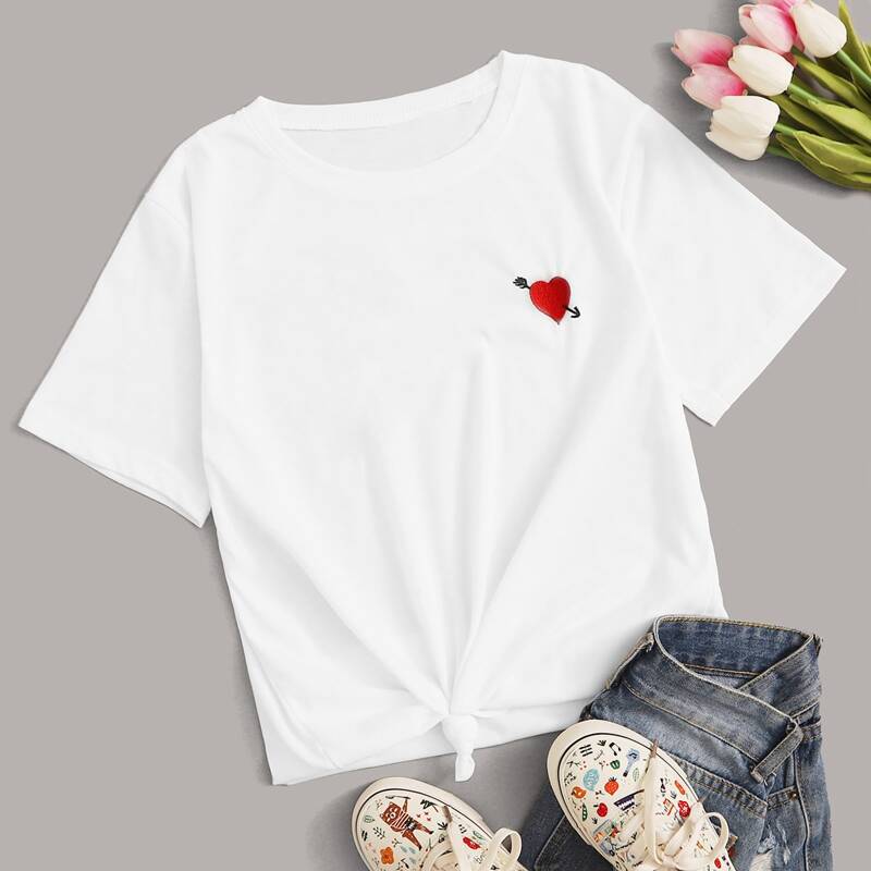

Heart Embroidery Short Sleeve Tee, White