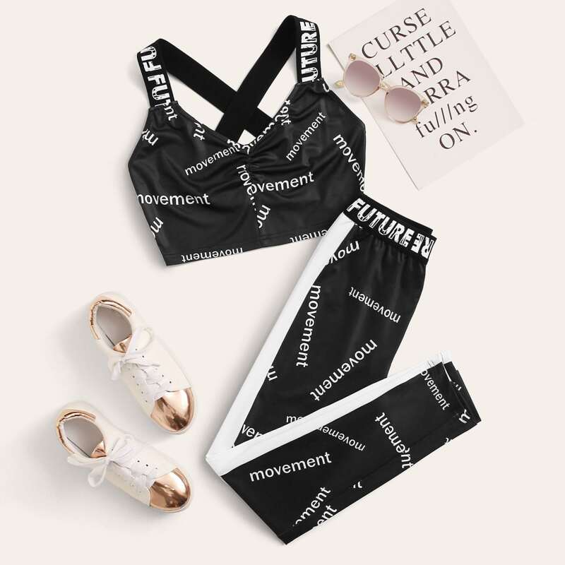 

Letter Graphic Crisscross Back Tank Crop Top & Leggings Set, Black