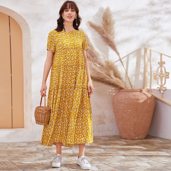

Ditsy Floral Print Frill Trim Smock Dress, Yellow