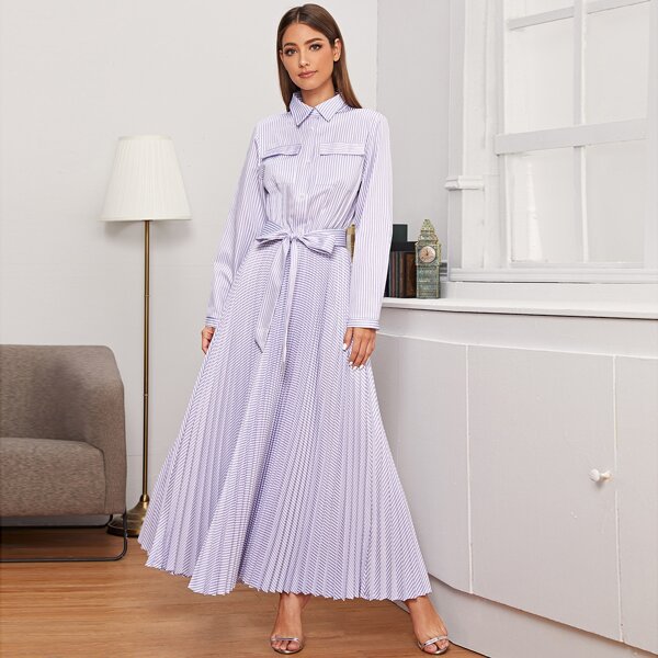 

Flap Pocket Belted Pleated Hem Striped Shirt Dress, Purple