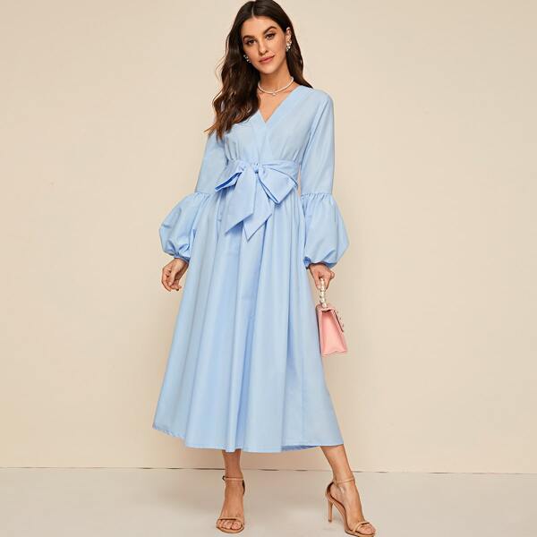 

Surplice Neck Balloon Sleeve Self Belted Dress, Blue pastel