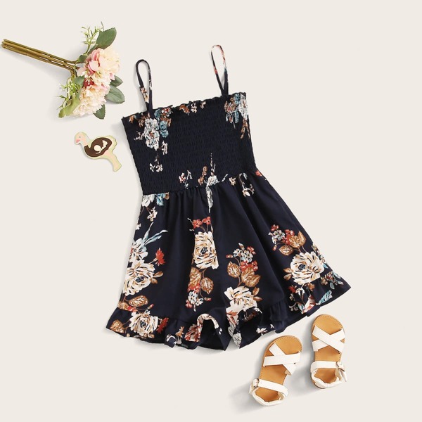 

Girls Ruffle Hem Floral Print Shirred Slip Romper, Navy blue