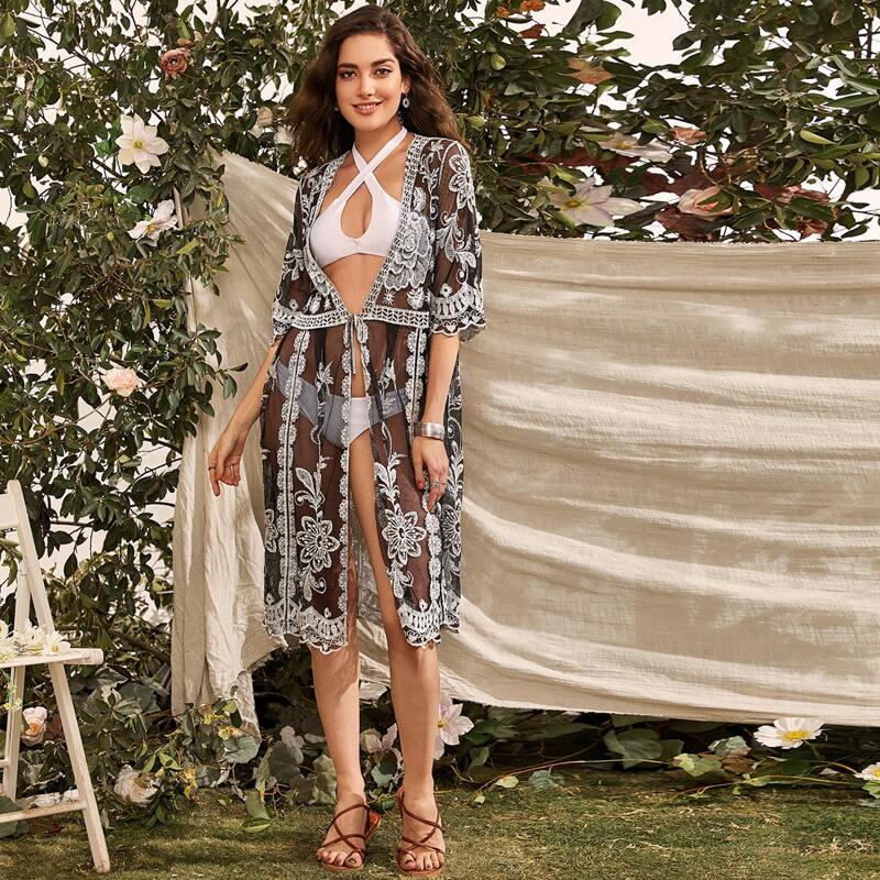 

Tie Waist Embroidered Mesh Sheer Kimono, Black and white
