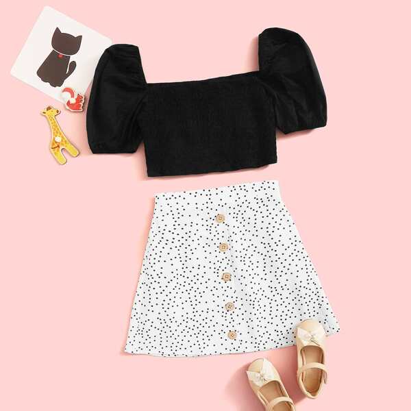 

Girls Puff Sleeve Shirred Top & Buttoned Polka Dot Skirt Set, Black and white