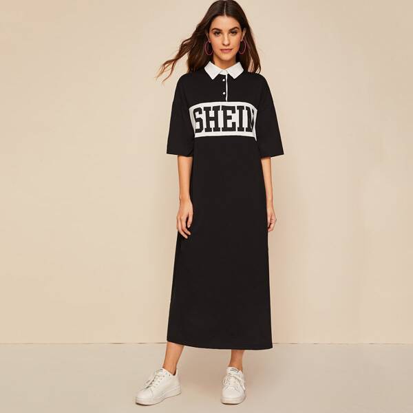

Contrast Collar Letter Graphic Polo Dress, Black