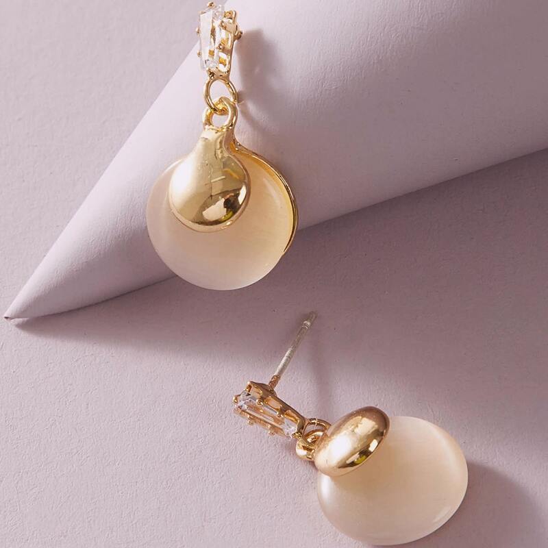 

1pair Rhinestone Engraved & Round Stone Drop Earrings, Gold