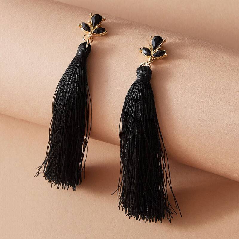 

1pair Tassel Rhinestone Decor Drop Earrings, Black