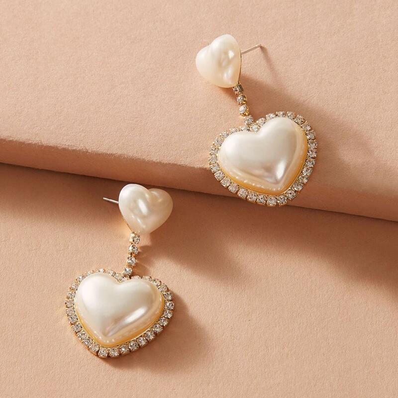 

1pair Rhinestone Engraved Heart Drop Earrings, White