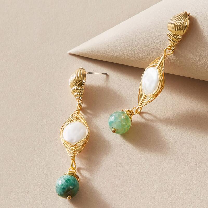 

1pair Faux Pearl & Shell Design Drop Earrings, Gold
