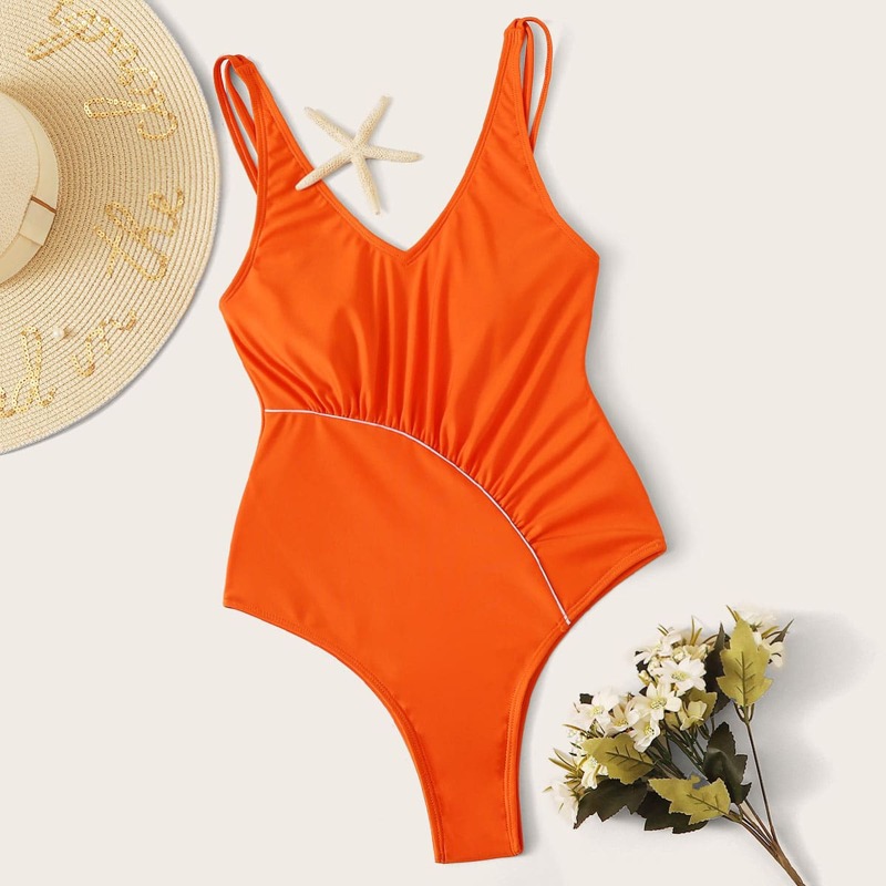 

Neon Orange Ruched One Piece Swimsuit, Orange bright