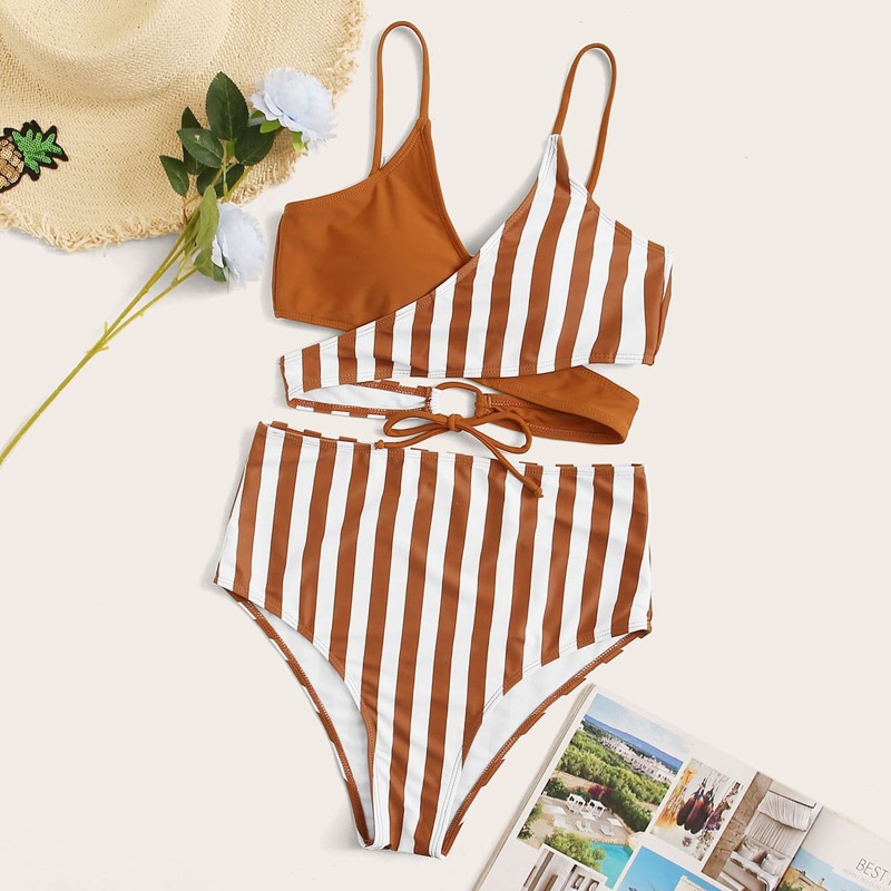 

Two Tone Striped Wrap Bikini Set, Multicolor