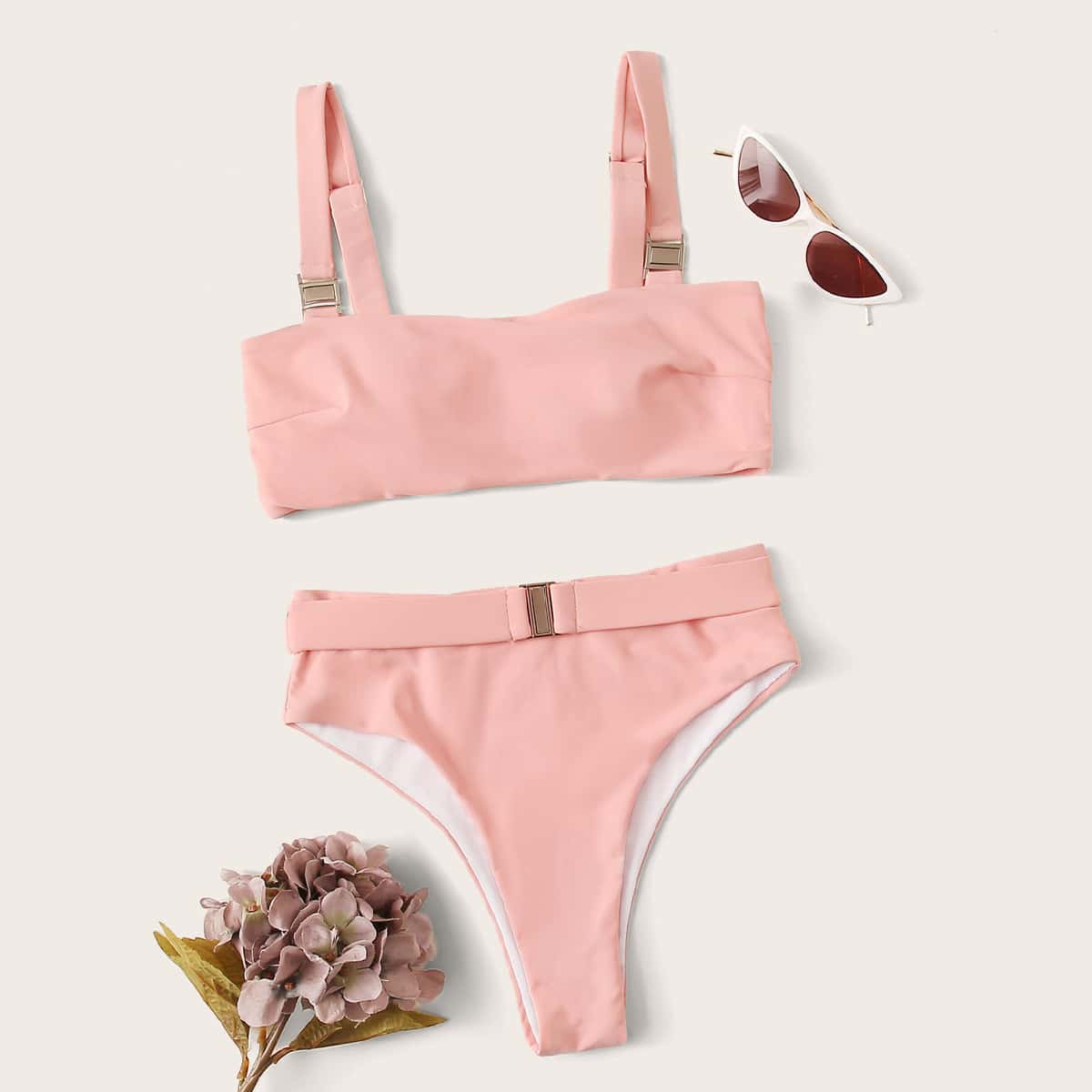 

Pink High Leg Buckle Bikini Swimsuit