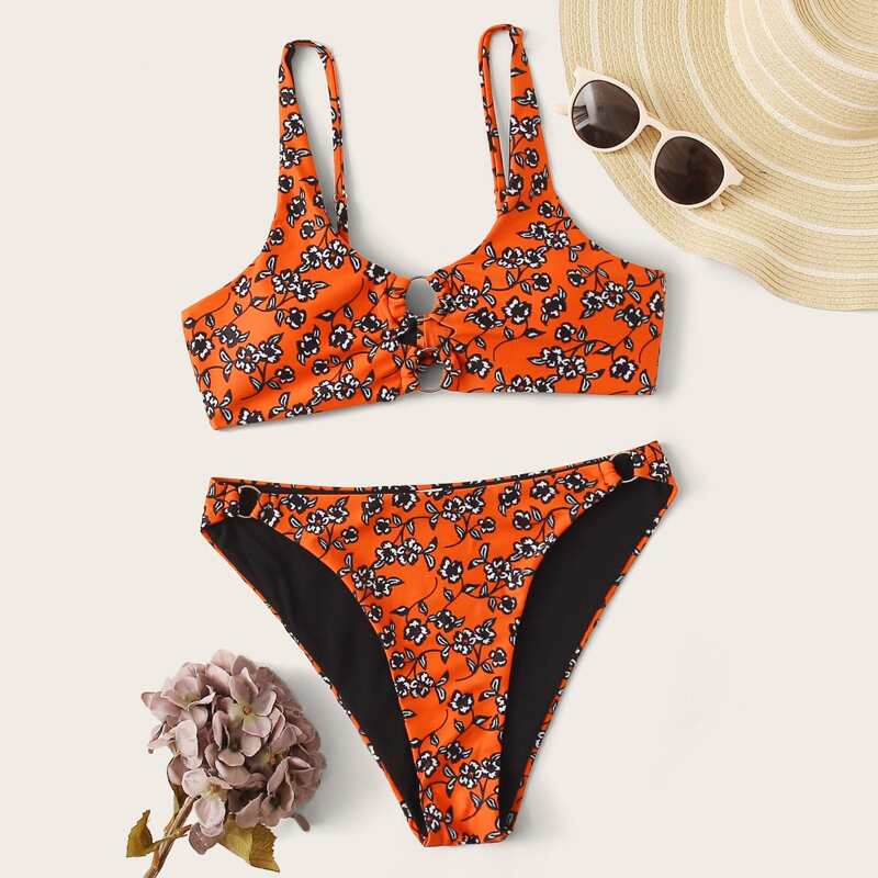 

Ring Linked Floral High Leg Bikini Swimsuit, Multicolor