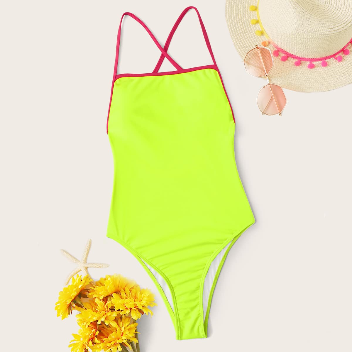 

Neon Green Backless One Piece Swimwear, Green bright
