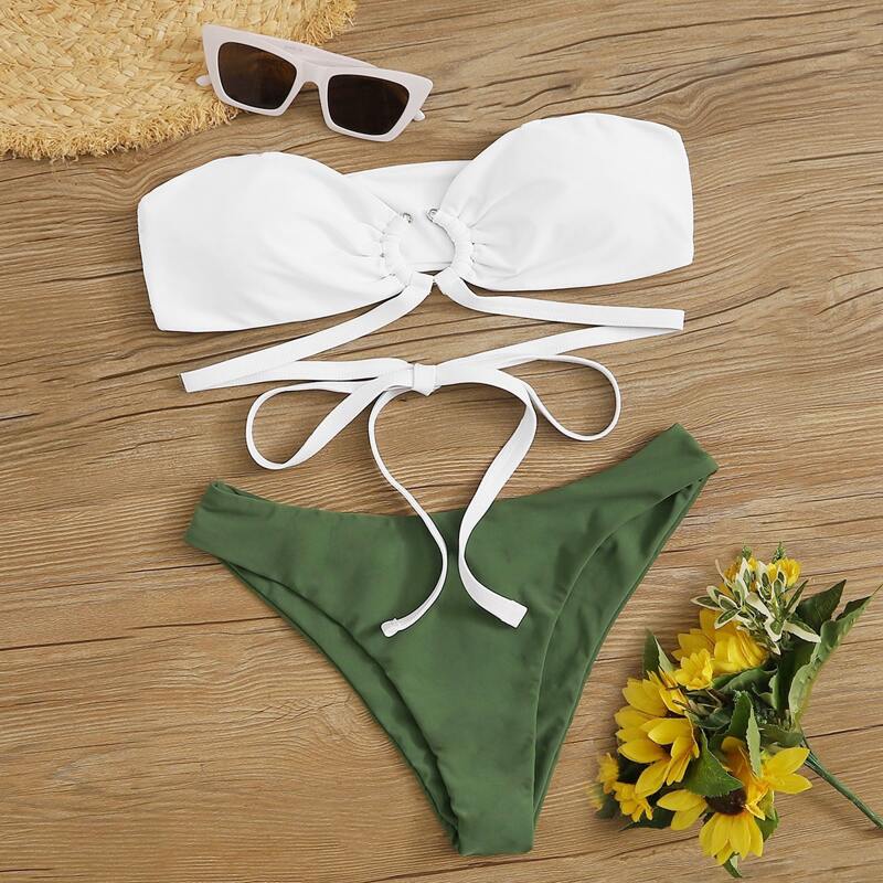 

Two Tone Ring Linked Bandeau Bikini Swimsuit, Multicolor