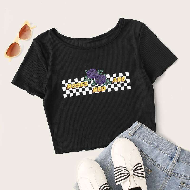 

Ribbed Flower Graphic Crop Tee, Black