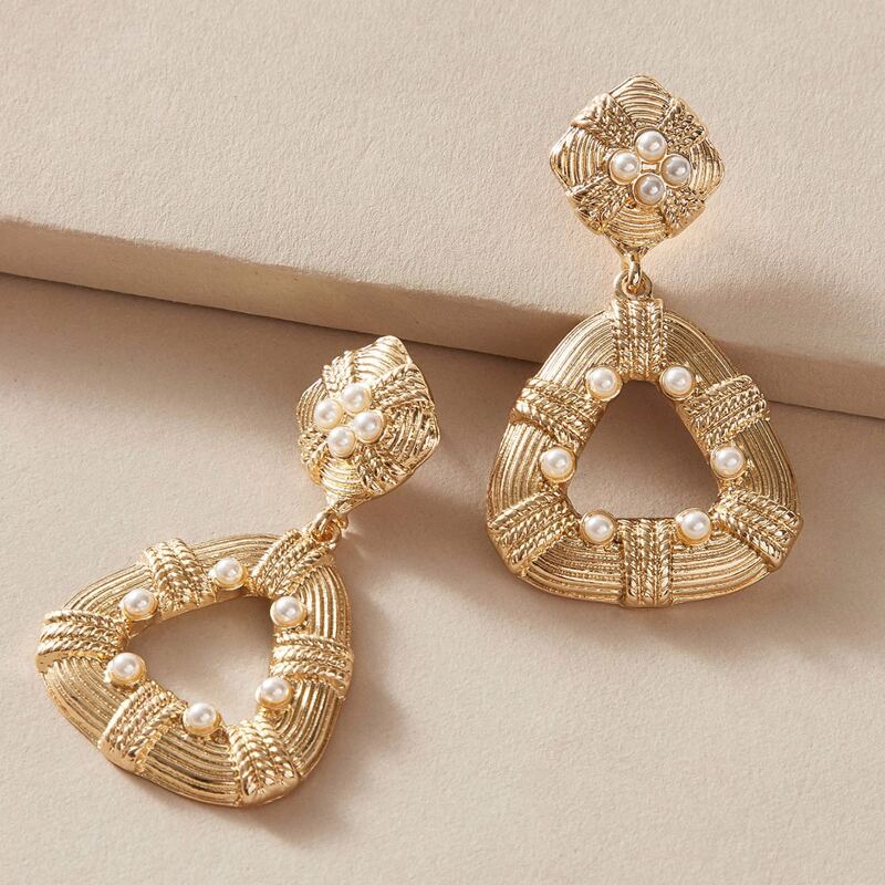 

1pair Textured Faux Pearl Decor Drop Earrings, Gold