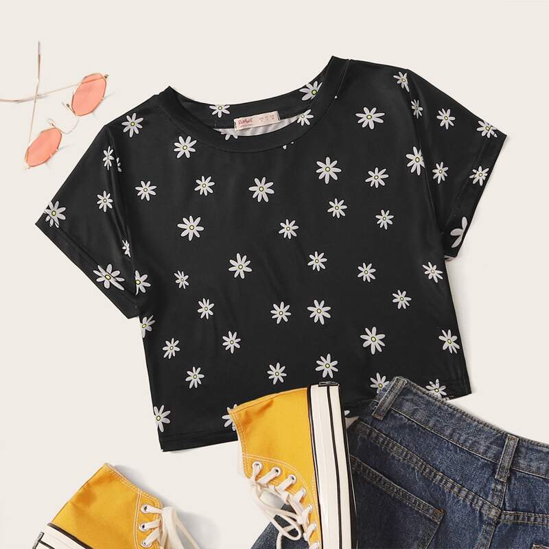 

Floral Crop Tee, Black