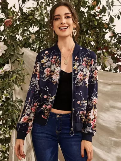 SHEIN LUNE Botanical Print O-Ring Zip Up Bomber Jacket In Fall/Winter