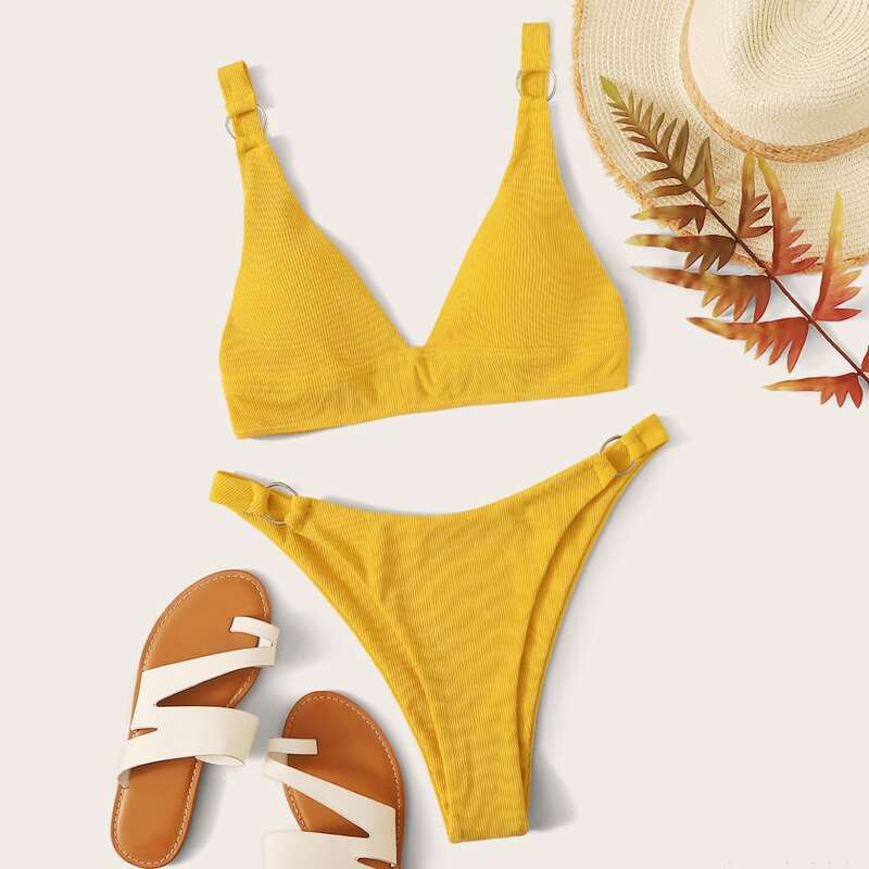

Rib Ring Linked High Cut Bikini Swimsuit, Yellow