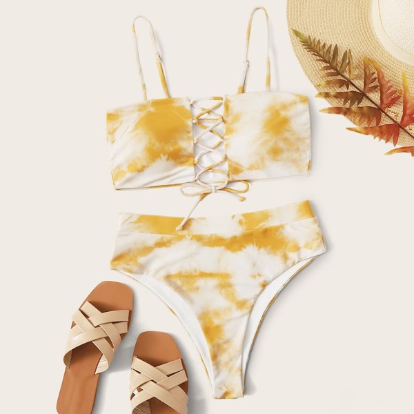 

Tie Dye Lace Up High Waisted Bikini Swimsuit, Multicolor