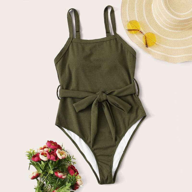 

Rib Knot Front One Piece Swimwear, Army green