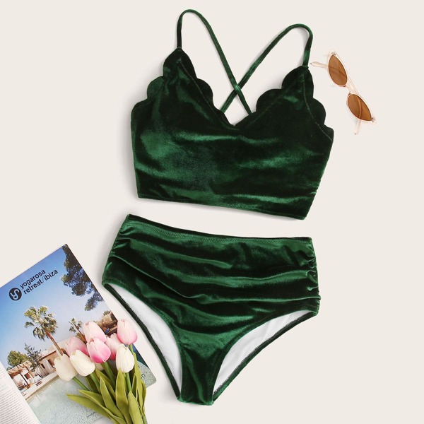 

Velvet Lace-up Top With High Waisted Bikini, Green