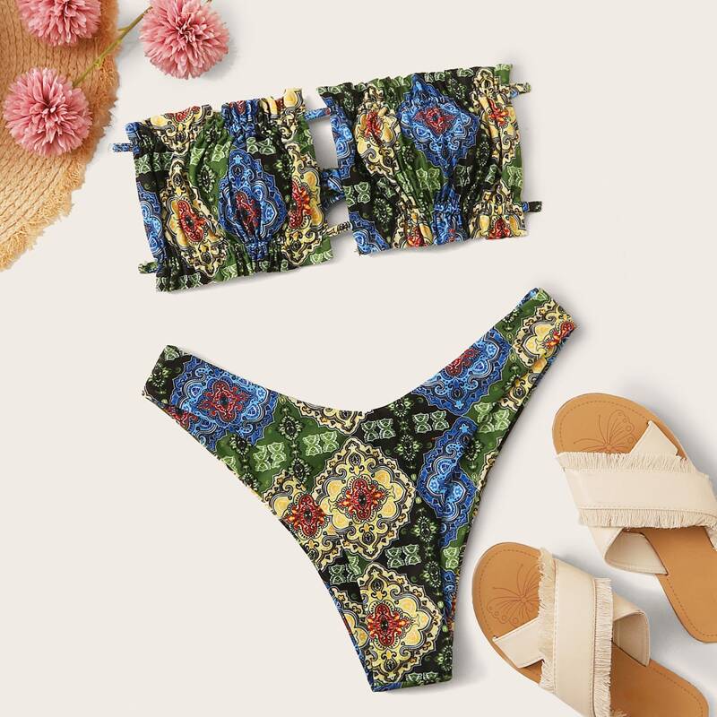 

Tribal Bandeau High Cut Bikini Swimsuit, Multicolor