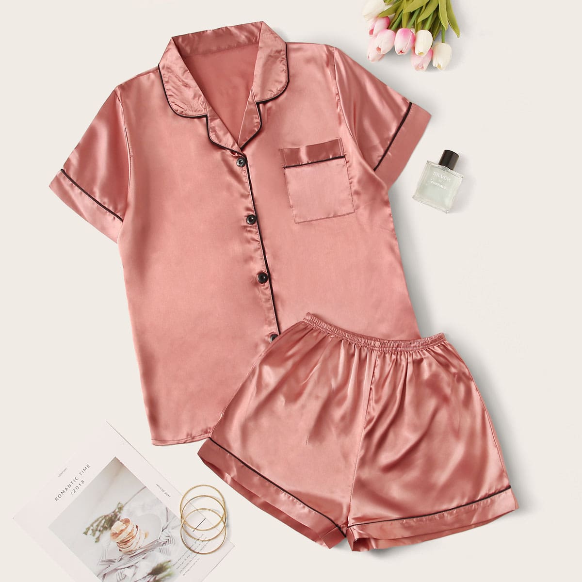 

Contrast Binding Satin PJ Set, Pink