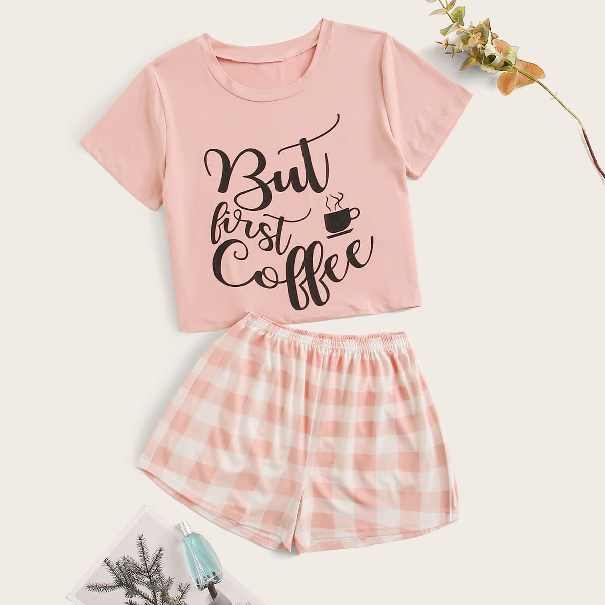 

Buffalo Plaid & Slogan Graphic PJ Set, Pink