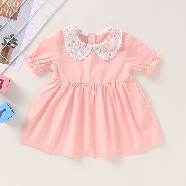 

Baby Girl Lace Panel Peter Pan Collar Babydoll Dress, Pink pastel