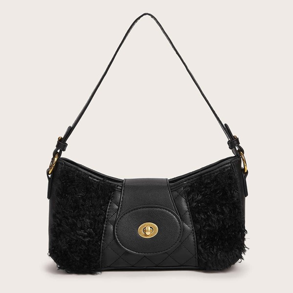 

Faux Fur Decor Twist Lock Tote Bag, Black
