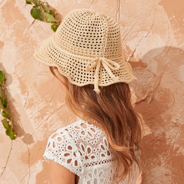 

Toddler Girls Bow Knot Decor Hollow Out Straw Hat, Beige
