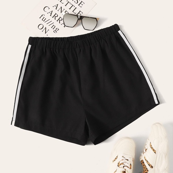 

Plus Elastic Waist Stripe Print Shorts, Black