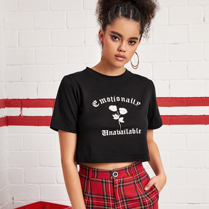 

Flower & Letter Graphic Crop Tee, Black