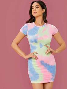 SHEIN Essnce Tie-Dye Wash Bodycon Mini Dress - Multicolor - View 1