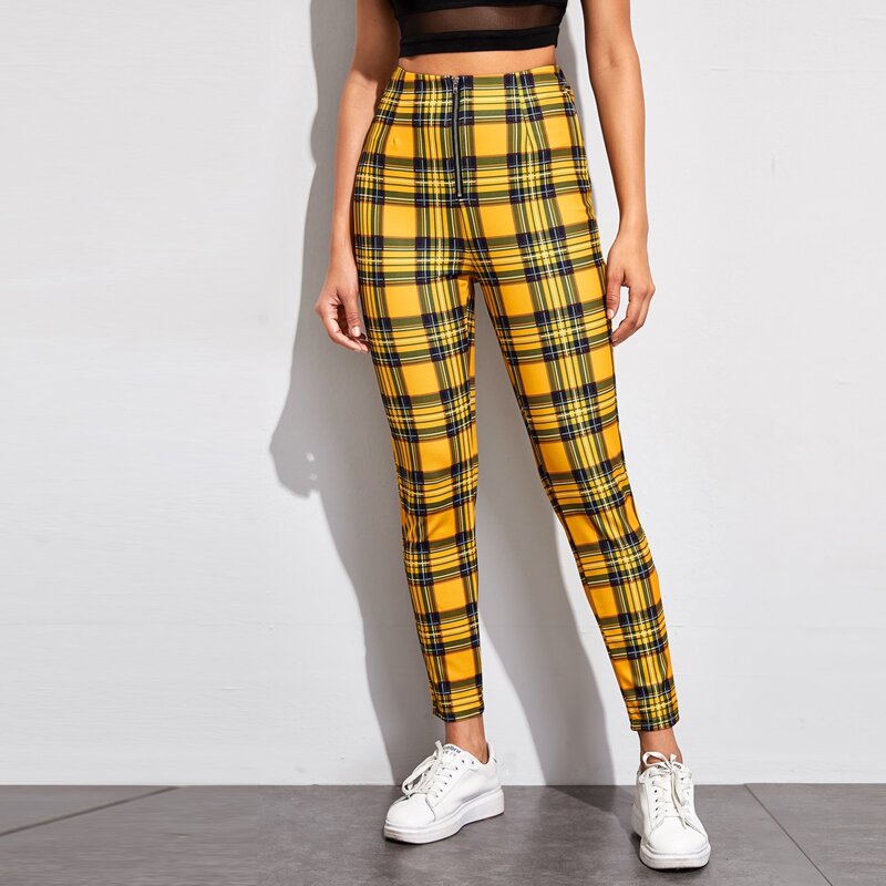 

Zip Fly Tartan Cropped Skinny Pants, Yellow