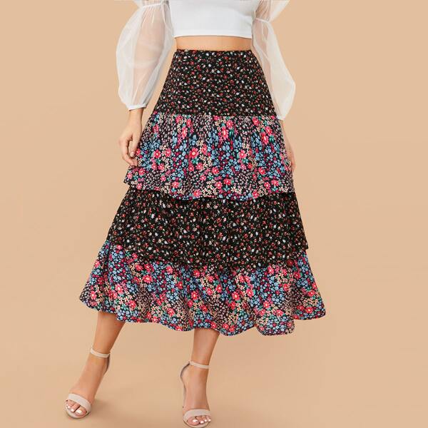 

Zipper Side Layered Ruffle Ditsy Floral Skirt, Multicolor