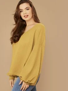 SHEIN LUNE 大碼燈籠袖華夫格針織上衣 - 黃色 - 查看 3