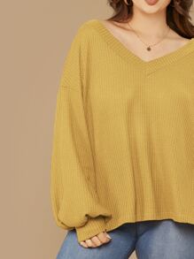 SHEIN LUNE 大碼燈籠袖華夫格針織上衣 - 黃色 - 查看 4