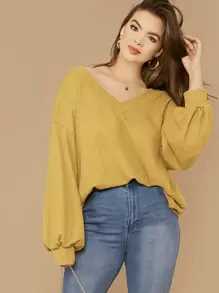 SHEIN LUNE 大碼燈籠袖華夫格針織上衣 - 黃色 - 查看 1